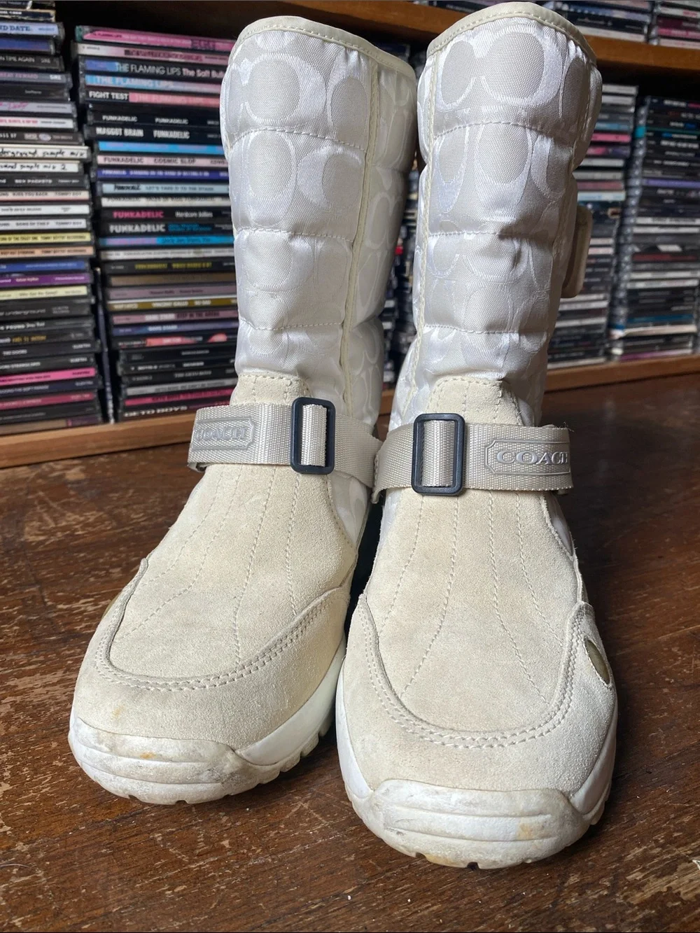 COACH Women's Cream Quilted Mid-Calf Winter Boots Size 8.5